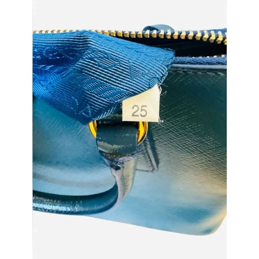 Prada Azzuro Saffiano Vernice Leather Bowler Double-Top Handle Lux Promenade Bag